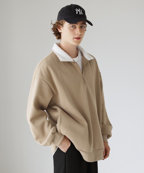 ETELIO（エテリオ）の「ビッグシルエット 配色ハーフジップスウェット（スウェット・メンズ・ベージュ/ダークグリーン/ワイン/ブラック・S/M/L）」の10枚目の写真