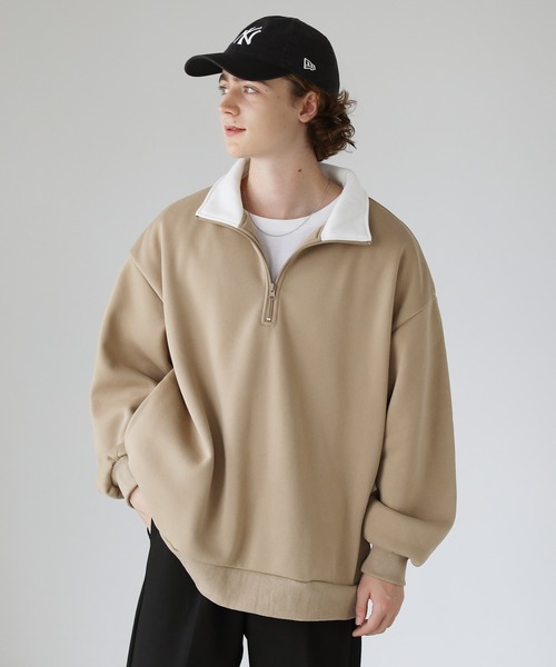 ETELIO（エテリオ）の「ビッグシルエット 配色ハーフジップスウェット（スウェット・メンズ・ベージュ/ダークグリーン/ワイン/ブラック・S/M/L）」の9枚目の写真