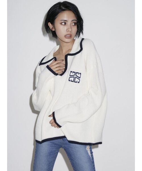 GYDA（ジェイダ）の「BIGカラーパイピング スキッパーニットトップス（ニット/セーター・レディース・チャコールグレー/ライトブルー/オフホワイト・FREE）」の4枚目の写真