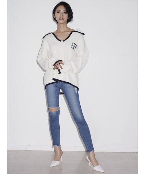 GYDA（ジェイダ）の「BIGカラーパイピング スキッパーニットトップス（ニット/セーター・レディース・チャコールグレー/ライトブルー/オフホワイト・FREE）」の12枚目の写真