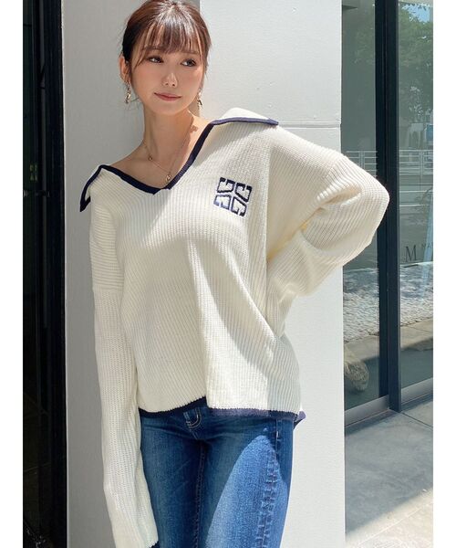 GYDA（ジェイダ）の「BIGカラーパイピング スキッパーニットトップス（ニット/セーター・レディース・チャコールグレー/ライトブルー/オフホワイト・FREE）」の7枚目の写真