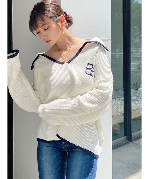 GYDA（ジェイダ）の「BIGカラーパイピング スキッパーニットトップス（ニット/セーター・レディース・チャコールグレー/ライトブルー/オフホワイト・FREE）」の10枚目の写真