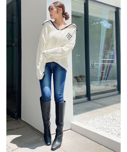 GYDA（ジェイダ）の「BIGカラーパイピング スキッパーニットトップス（ニット/セーター・レディース・チャコールグレー/ライトブルー/オフホワイト・FREE）」の5枚目の写真