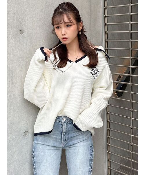 GYDA（ジェイダ）の「BIGカラーパイピング スキッパーニットトップス（ニット/セーター・レディース・チャコールグレー/ライトブルー/オフホワイト・FREE）」の6枚目の写真