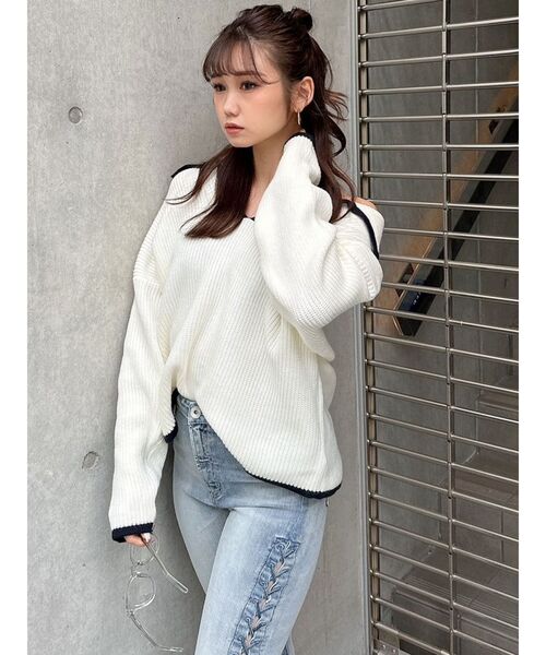 GYDA（ジェイダ）の「BIGカラーパイピング スキッパーニットトップス（ニット/セーター・レディース・チャコールグレー/ライトブルー/オフホワイト・FREE）」の22枚目の写真