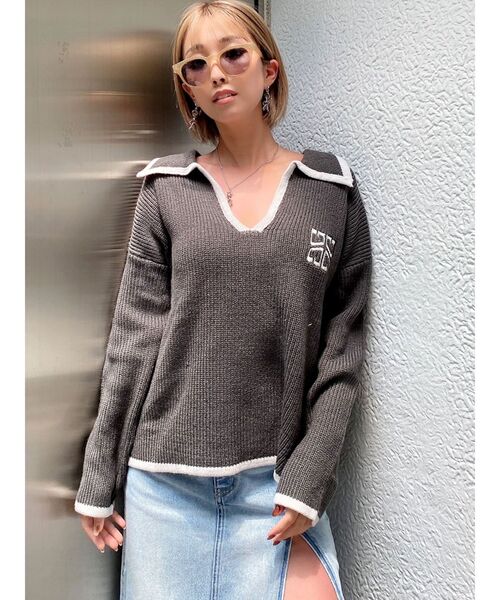 GYDA（ジェイダ）の「BIGカラーパイピング スキッパーニットトップス（ニット/セーター・レディース・チャコールグレー/ライトブルー/オフホワイト・FREE）」の16枚目の写真