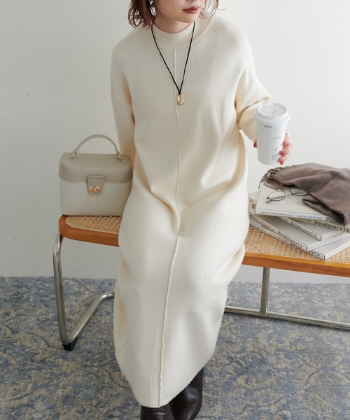 natural couture（ナチュラルクチュール）の「べっ甲Dかんベルト付ききれいめニットワンピース Mサイズ（ワンピース・レディース・ブラック/ベージュ/ブラウン/オフホワイト/イエロー/ブルー・MEDIUM）」の2枚目の写真