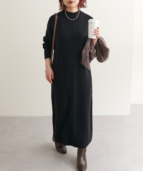 natural couture（ナチュラルクチュール）の「べっ甲Dかんベルト付ききれいめニットワンピース Mサイズ（ワンピース・レディース・ブラック/ベージュ/ブラウン/オフホワイト/イエロー/ブルー・MEDIUM）」の12枚目の写真