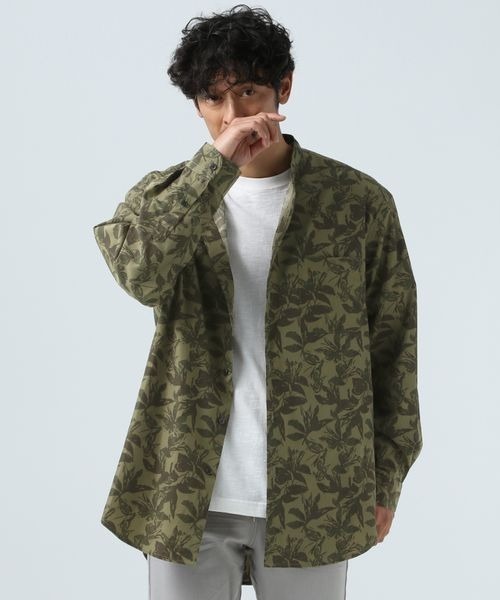 ブラウス シャツ リーフプリントバンドカラーシャツ「大きいサイズ」 レディース 楽天市場】リーフプリントバンドカラーシャツ(大きいサイズ