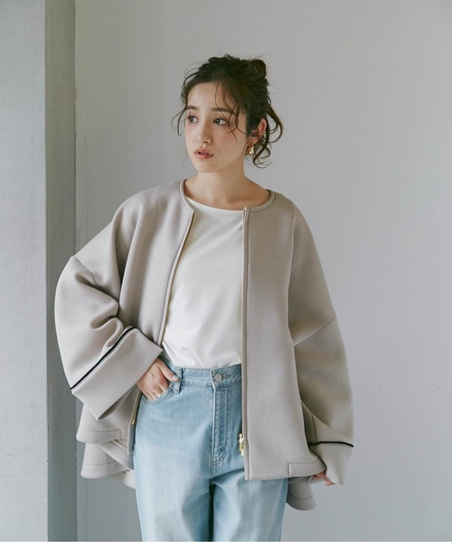 NANO universe（ナノユニバース）の「LB.04/テックダンボールAラインバイカラーコート（ノーカラーコート・レディース・オフホワイト/ライトベージュ・FREE）」の12枚目の写真