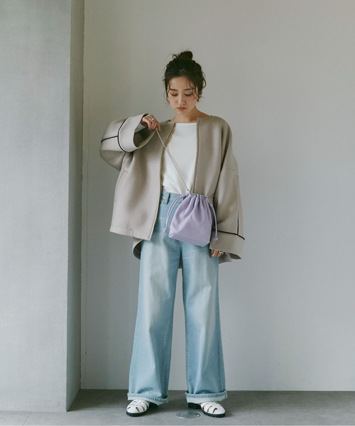 NANO universe（ナノユニバース）の「LB.04/テックダンボールAラインバイカラーコート（ノーカラーコート・レディース・オフホワイト/ライトベージュ・FREE）」の5枚目の写真