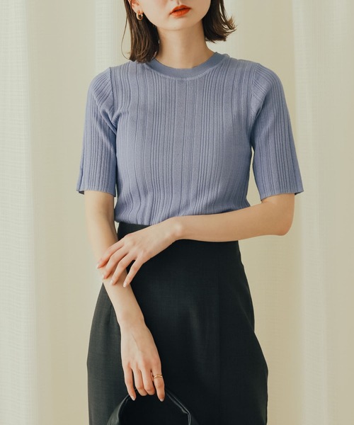 SENSE OF PLACE by URBAN RESEARCH(センスオブプレイスバイアーバンリサーチ)の「ランダムリブシアーセーター(5分袖)(ニット/セーター・レディース・パープル/オレンジ/ブラック/オフホワイト・ONE)」の4枚目の写真