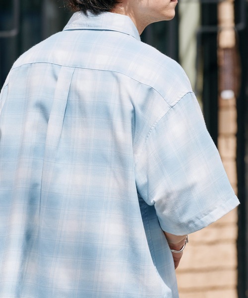 メンズ MONO MART チェック半袖シャツ ブルー ハリ感 チェックシャツ 半袖シャツ オンブレチェックルーズ半袖シャツ MONO