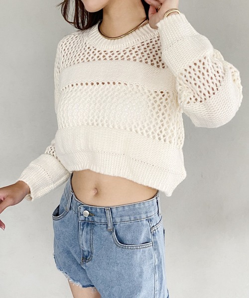United store（ユナイテッドストア）の「ボーダーメッシュニットトップ（ニット/セーター・レディース・アイボリー/ベージュ/ブラック・FREE）」の5枚目の写真