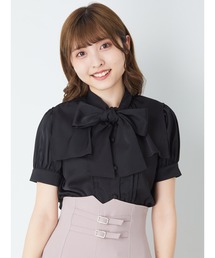 リボンタイフレアカラーパフブラウス