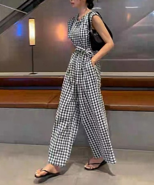 セール】無地&チェック柄 クレープタッチオールインワン（つなぎ