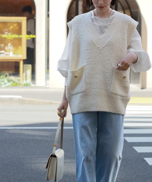 【セール】Vネックツイード風ニットベスト（ベスト）｜ELFRANK（エルフランク）