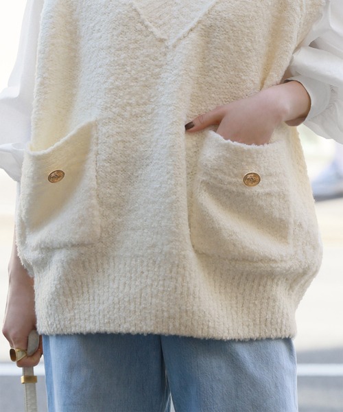 【セール】Vネックツイード風ニットベスト（ベスト）｜ELFRANK（エルフランク）