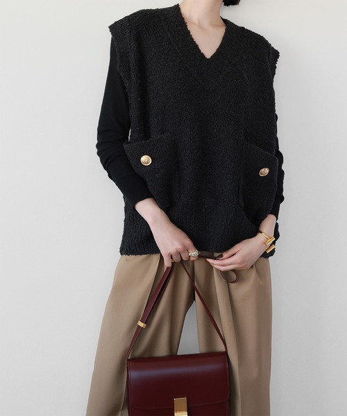 【セール】Vネックツイード風ニットベスト（ベスト）｜ELFRANK（エルフランク）