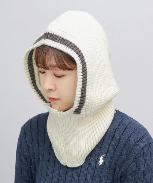 セール】カレッジカラーライン ニット フードウォーマー バラクラバ