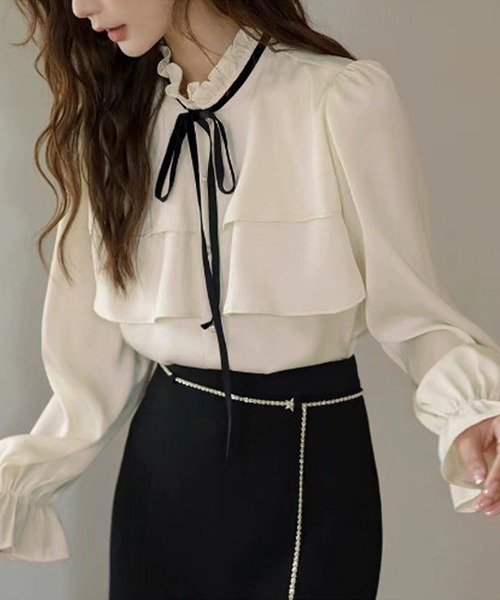 SpRay(スプレイ)の「タイ付フリルスタンドブラウス(シャツ/ブラウス・レディース・アイボリー/ホワイト・FREE)」の2枚目の写真