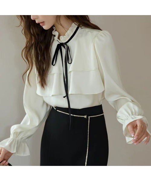 SpRay(スプレイ)の「タイ付フリルスタンドブラウス(シャツ/ブラウス・レディース・アイボリー/ホワイト・FREE)」の4枚目の写真