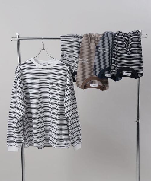 FFEIN（フェイン）の「＊新色追加【FFEIN(フェイン)】 ロゴ刺繍マルチボーダーロングスリーブTシャツ / ロンT リンガー 配色 ボーダー 刺繍 ブランドロゴ 長袖 クルーネック（Tシャツ/カットソー・メンズ・ネイビー/ブラック/グレー/ブラウン/ホワイト・SMALL/LARGE/MEDIUM/X-SMALL）」の8枚目の写真