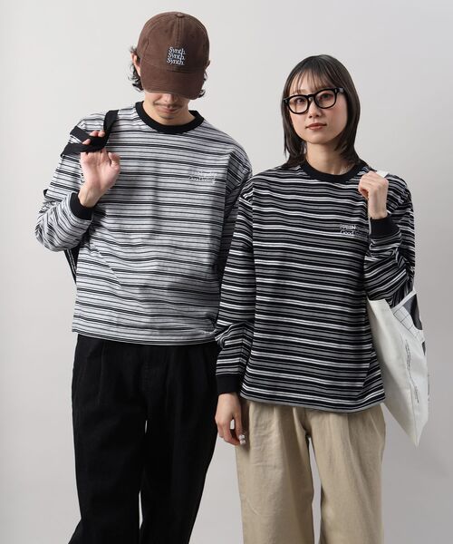 FFEIN（フェイン）の「＊新色追加【FFEIN(フェイン)】 ロゴ刺繍マルチボーダーロングスリーブTシャツ / ロンT リンガー 配色 ボーダー 刺繍 ブランドロゴ 長袖 クルーネック（Tシャツ/カットソー・メンズ・ネイビー/ブラック/グレー/ブラウン/ホワイト・SMALL/LARGE/MEDIUM/X-SMALL）」の10枚目の写真