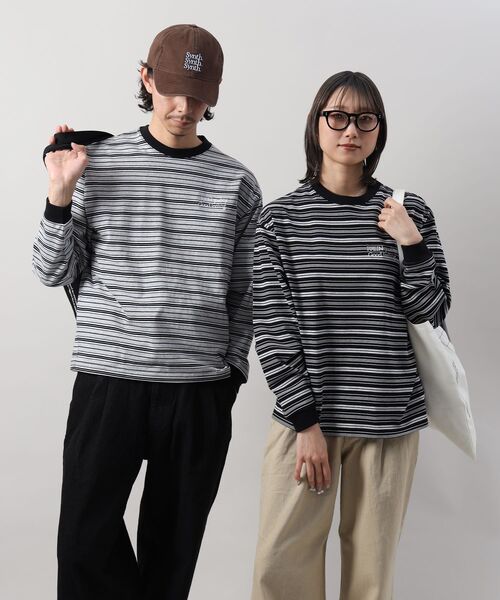 FFEIN（フェイン）の「＊新色追加【FFEIN(フェイン)】 ロゴ刺繍マルチボーダーロングスリーブTシャツ / ロンT リンガー 配色 ボーダー 刺繍 ブランドロゴ 長袖 クルーネック（Tシャツ/カットソー・メンズ・ネイビー/ブラック/グレー/ブラウン/ホワイト・SMALL/LARGE/MEDIUM/X-SMALL）」の11枚目の写真