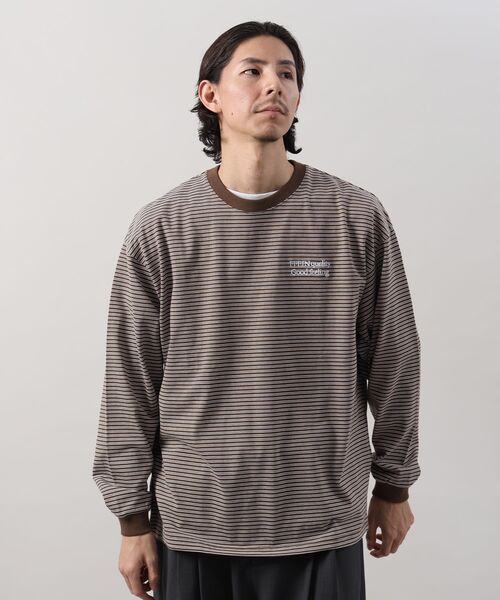 FFEIN（フェイン）の「＊新色追加【FFEIN(フェイン)】 ロゴ刺繍マルチボーダーロングスリーブTシャツ / ロンT リンガー 配色 ボーダー 刺繍 ブランドロゴ 長袖 クルーネック（Tシャツ/カットソー・メンズ・ネイビー/ブラック/グレー/ブラウン/ホワイト・SMALL/LARGE/MEDIUM/X-SMALL）」の22枚目の写真