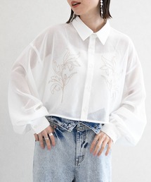 フラワー刺繍/ボリュームスリーブショートメッシュブラウス