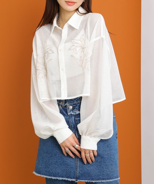 RAGEBLUE(レイジブルー)の「フラワー刺繍/ボリュームスリーブショートメッシュブラウス(シャツ/ブラウス・レディース・ブラック/ホワイト/ライトベージュ・FREE)」の9枚目の写真