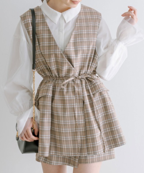 OLIVE des OLIVE(オリーブデオリーブ)の「ウエストリボンジレ 1041070080(セットアップ・レディース・チェック/アイボリー/ブラック・FREE)」の1枚目の写真