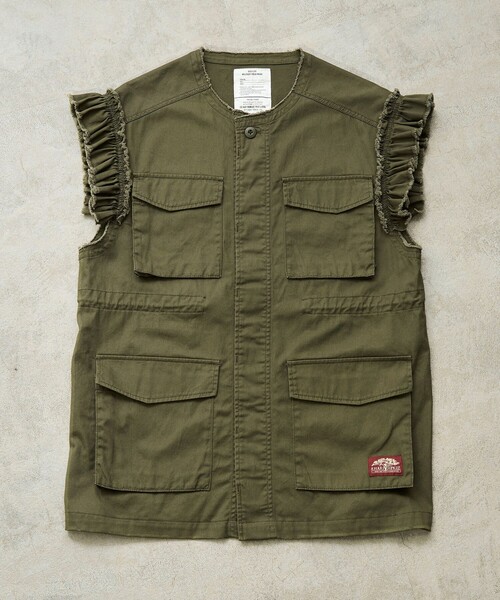 coen（コーエン）の「KhakiJungle別注フリルベスト（ベスト・レディース・オリーブ/ベージュ・FREE）」の7枚目の写真