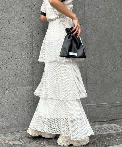 CIAOPANIC(チャオパニック)の「メッシュティアードロングスカート(スカート・レディース・オフホワイト/ブラック/グリーン・FREE)」の9枚目の写真