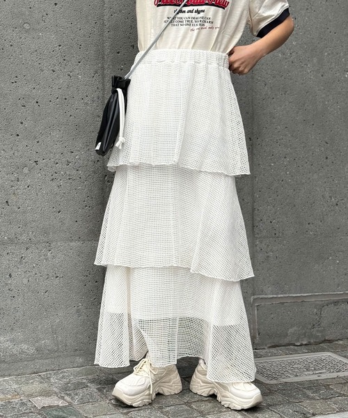 CIAOPANIC(チャオパニック)の「メッシュティアードロングスカート(スカート・レディース・オフホワイト/ブラック/グリーン・FREE)」の8枚目の写真