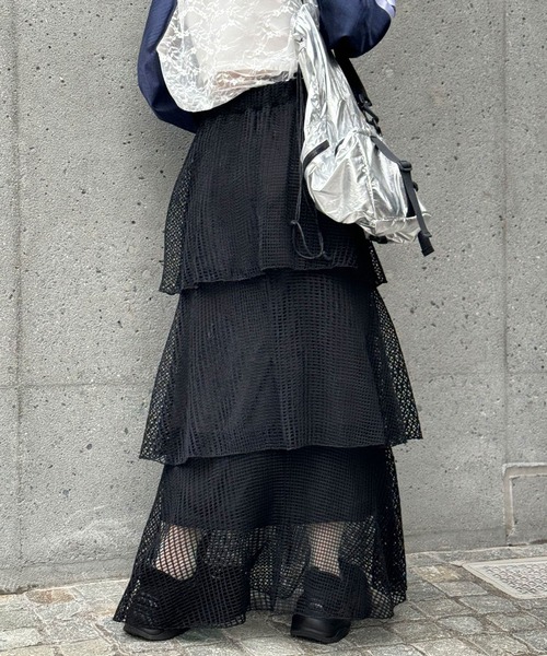 CIAOPANIC(チャオパニック)の「メッシュティアードロングスカート(スカート・レディース・オフホワイト/ブラック/グリーン・FREE)」の13枚目の写真