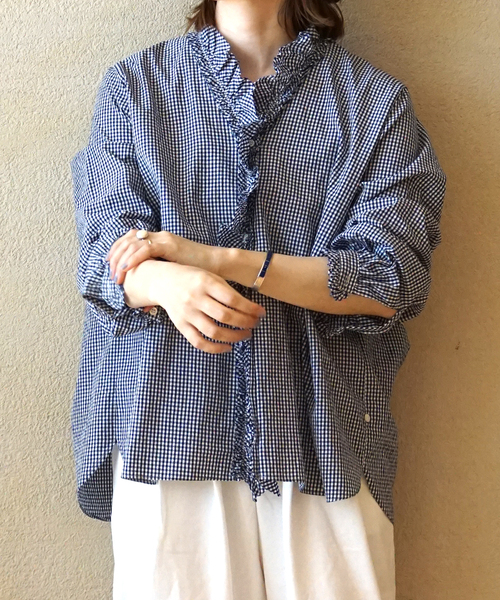 JOURNAL STANDARD LUXE（ジャーナルスタンダード　ラックス）の「《追加》ギンガム フリルブラウス（NV)（シャツ/ブラウス・レディース・ネイビー・FREE）」の7枚目の写真