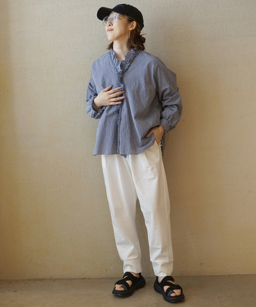 JOURNAL STANDARD LUXE（ジャーナルスタンダード　ラックス）の「《追加》ギンガム フリルブラウス（NV)（シャツ/ブラウス・レディース・ネイビー・FREE）」の8枚目の写真
