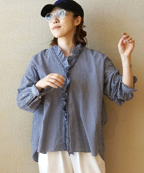 JOURNAL STANDARD LUXE（ジャーナルスタンダード　ラックス）の「《追加》ギンガム フリルブラウス（NV)（シャツ/ブラウス・レディース・ネイビー・FREE）」の9枚目の写真