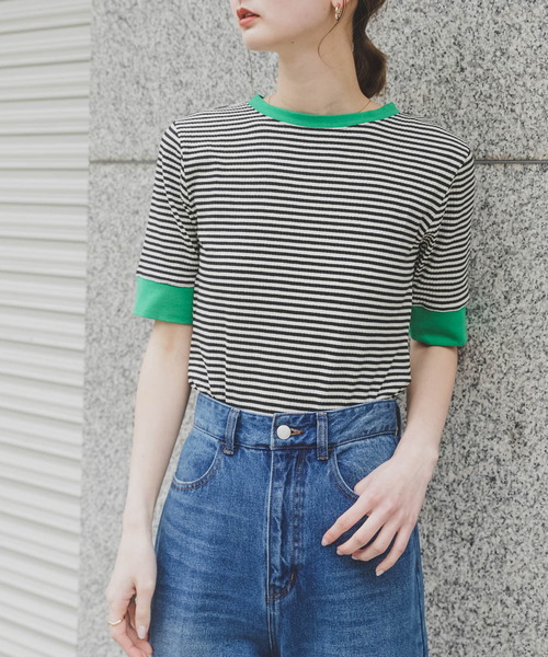 SENSE OF PLACE by URBAN RESEARCH（センスオブプレイスバイアーバンリサーチ）の「クルーネックリンガーボーダーTシャツ(5分袖)（Tシャツ/カットソー・レディース・グリーン系その他/ブラック系その他/イエロー系その他/ブラウン系その他・ONE）」の19枚目の写真