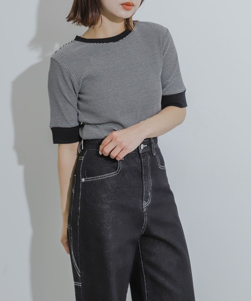 SENSE OF PLACE by URBAN RESEARCH（センスオブプレイスバイアーバンリサーチ）の「クルーネックリンガーボーダーTシャツ(5分袖)（Tシャツ/カットソー・レディース・グリーン系その他/ブラック系その他/イエロー系その他/ブラウン系その他・ONE）」の21枚目の写真