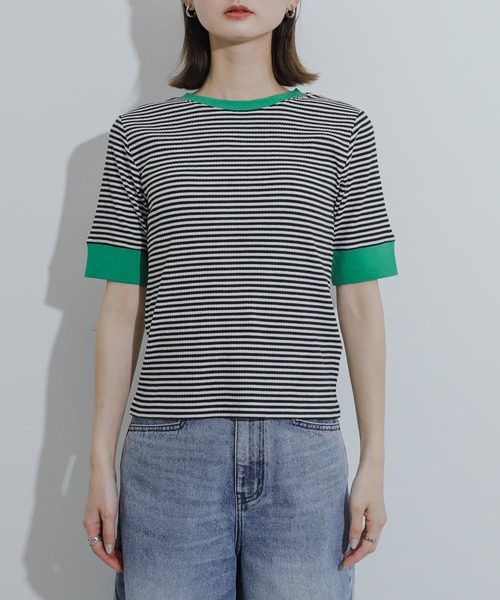 SENSE OF PLACE by URBAN RESEARCH（センスオブプレイスバイアーバンリサーチ）の「クルーネックリンガーボーダーTシャツ(5分袖)（Tシャツ/カットソー・レディース・グリーン系その他/ブラック系その他/イエロー系その他/ブラウン系その他・ONE）」の18枚目の写真