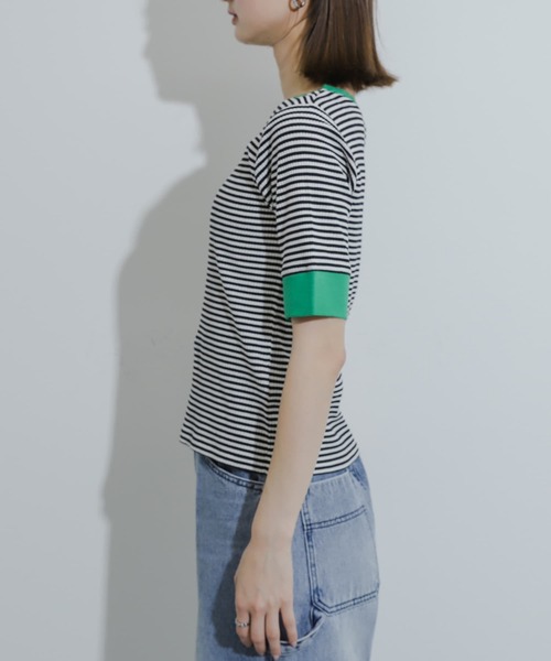 SENSE OF PLACE by URBAN RESEARCH（センスオブプレイスバイアーバンリサーチ）の「クルーネックリンガーボーダーTシャツ(5分袖)（Tシャツ/カットソー・レディース・グリーン系その他/ブラック系その他/イエロー系その他/ブラウン系その他・ONE）」の7枚目の写真