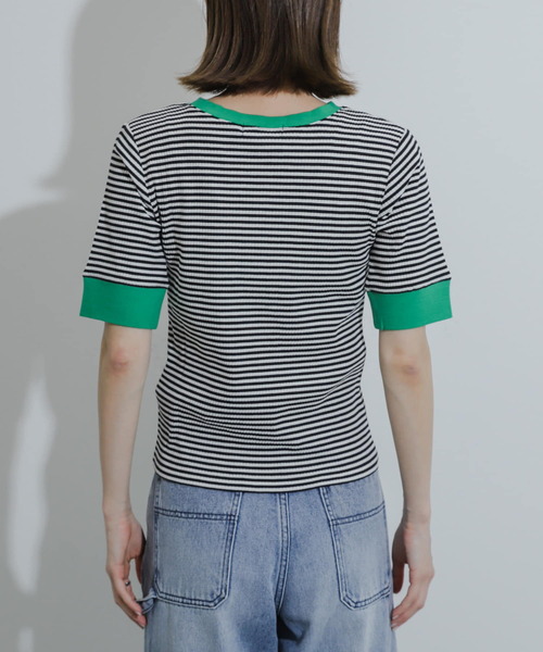 SENSE OF PLACE by URBAN RESEARCH（センスオブプレイスバイアーバンリサーチ）の「クルーネックリンガーボーダーTシャツ(5分袖)（Tシャツ/カットソー・レディース・グリーン系その他/ブラック系その他/イエロー系その他/ブラウン系その他・ONE）」の8枚目の写真