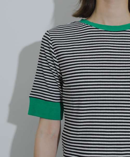 SENSE OF PLACE by URBAN RESEARCH（センスオブプレイスバイアーバンリサーチ）の「クルーネックリンガーボーダーTシャツ(5分袖)（Tシャツ/カットソー・レディース・グリーン系その他/ブラック系その他/イエロー系その他/ブラウン系その他・ONE）」の9枚目の写真