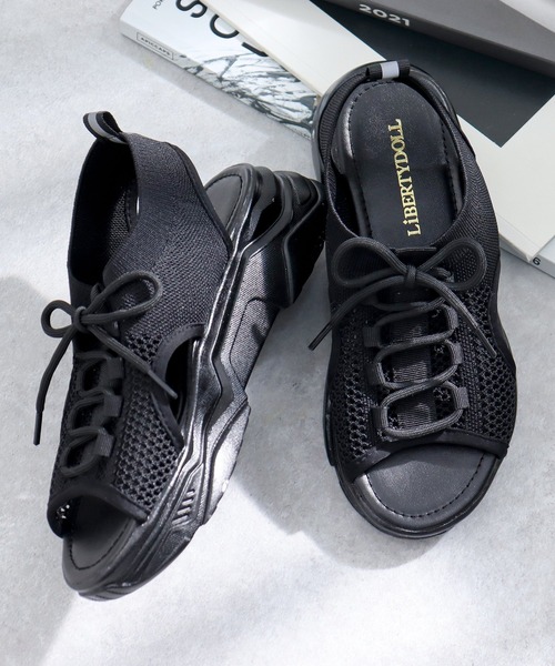 LibertyDoll（リバティードール）の「LibertyDoll/軽量厚底 レースアップスポーツサンダル(4186)（サンダル・レディース・ホワイト/ブラック×ブラック・LL/L/M/S）」の2枚目の写真