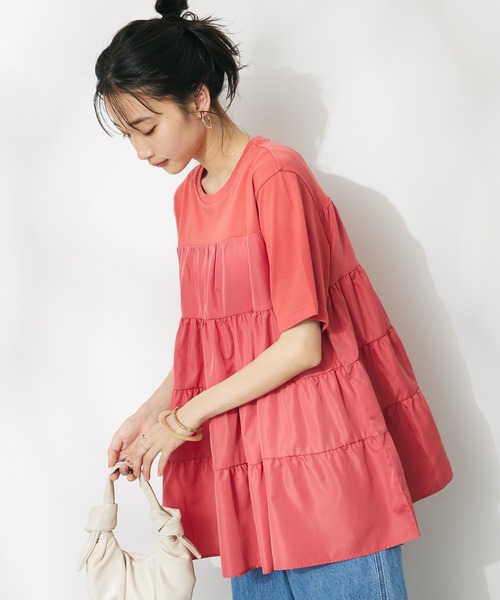 CRAFT STANDARD BOUTIQUE（クラフトスタンダードブティック）の「異素材ティアードカットチュニック（チュニック・レディース・オレンジ/オフホワイト/ブルー/ブラック・FREE）」の4枚目の写真