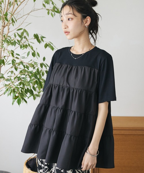CRAFT STANDARD BOUTIQUE（クラフトスタンダードブティック）の「異素材ティアードカットチュニック（チュニック・レディース・オレンジ/オフホワイト/ブルー/ブラック・FREE）」の2枚目の写真