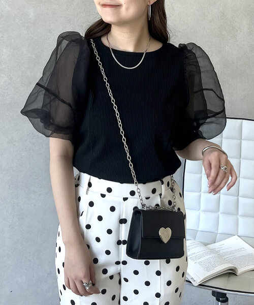 prose verse（プロズヴェール）の「シアーパフスリーブリブTシャツ（Tシャツ/カットソー・レディース・オフホワイト/ブラック・LARGE/MEDIUM）」の2枚目の写真